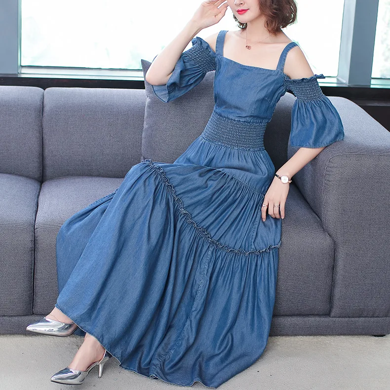 Denim 2023 summer new women\'s dress sling one word collar silk cowboy long dress