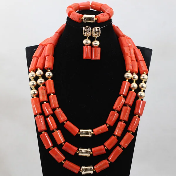 2017 African Wedding Bridal Newest Orange 3 Rows Coral Beads Jewelry sets Women Beads Necklace Jewelry Set Free Shipping ABH303