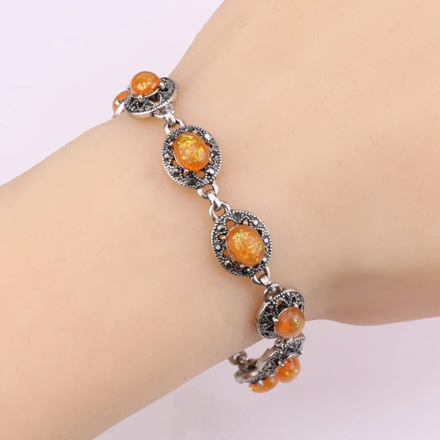 Wbmqda 2018 New Vintage Orange Opal Oval Beads Bracelet Silver Color AAA Crystal Bracelets For Women Fashion Party Jewelry Gift