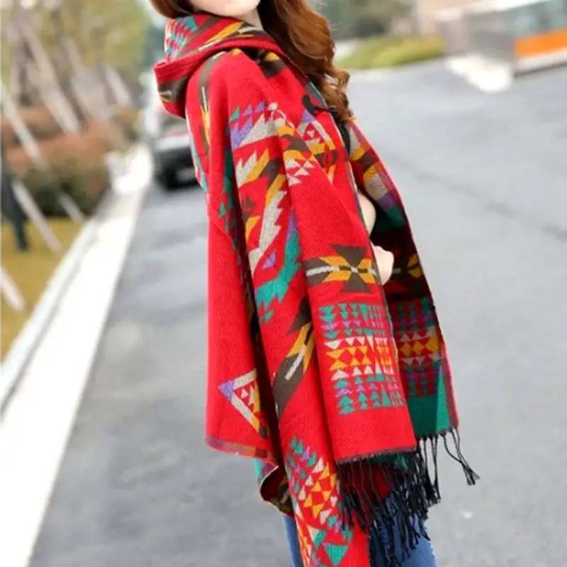 Ladies Warm Winter Hooded Wrap Poncho Wool Scarves Lush Cape,Mantle Ponchos And Capes Aztec Outwear Casacos Femininos Tippet