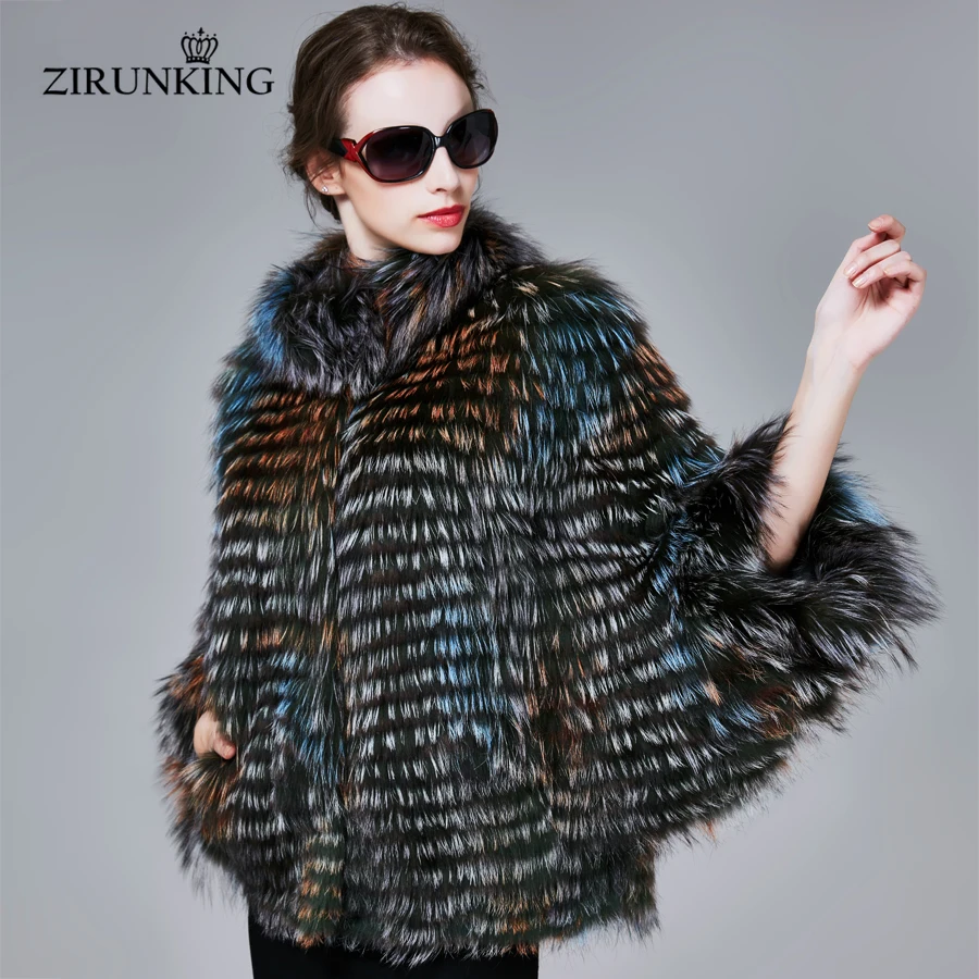 ZIRUNKING Colorful Slim Women Coat Real Silver Fox Fur Special Style Bat Sleeve Short Jacket Knitted Stripe  Clothing ZC916YL