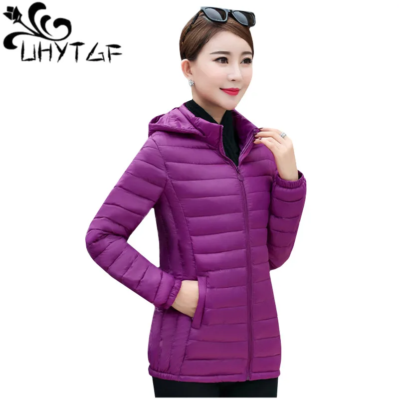 UHYTGF Ladies Hooded Coat Winter Jacket Women Outerwear Thin Short Wadded Down Jacket Female Padded Parka Women\'s Overcoat117