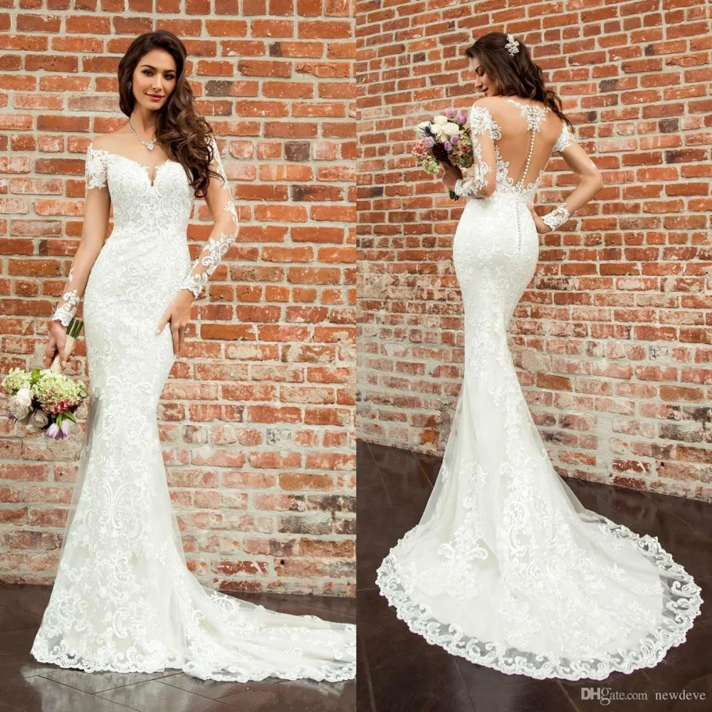 

Vestido Eddy K Mermaid Wedding Dresses 2019 Long Sleeve Lace Appliqued Jewel Beach Wedding Dress Bridal Gowns Custom Made