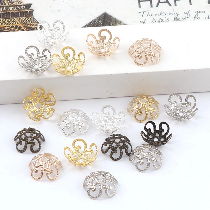 11mm Shiny Vintage Filigree Metal Hollow Flower Spacer Beads End Caps Pendant DIY Charms Connectors Jewelry Findings