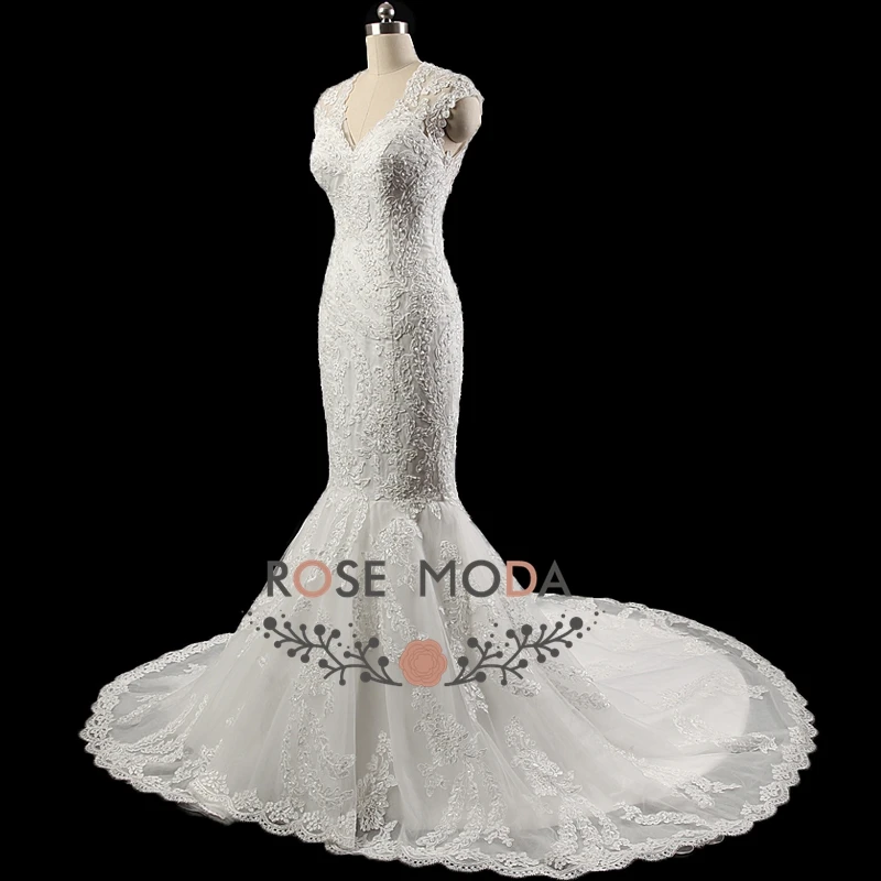 Rose Moda Real Photo Cap Sleeves Backless Stunning Lace Mermaid Wedding Dresses Custom Make