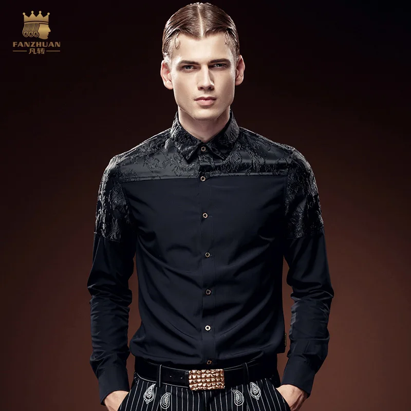 free shipping new men\'s male fashion casual Youth Party dark jacquard long sleeved stitching slim black shirt 612118 FanZhuan