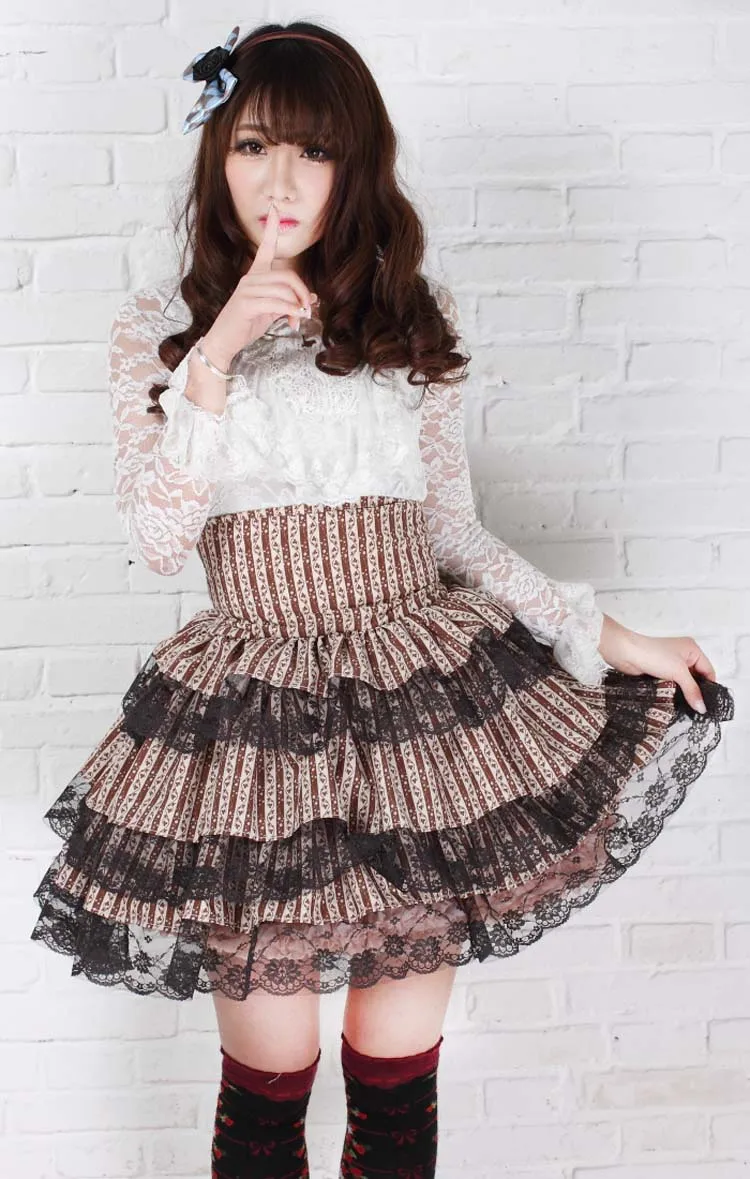 Sweet Layered Princess Striped Short Kawaii Pleated Lolita Skirt for Girl with Lace up Back