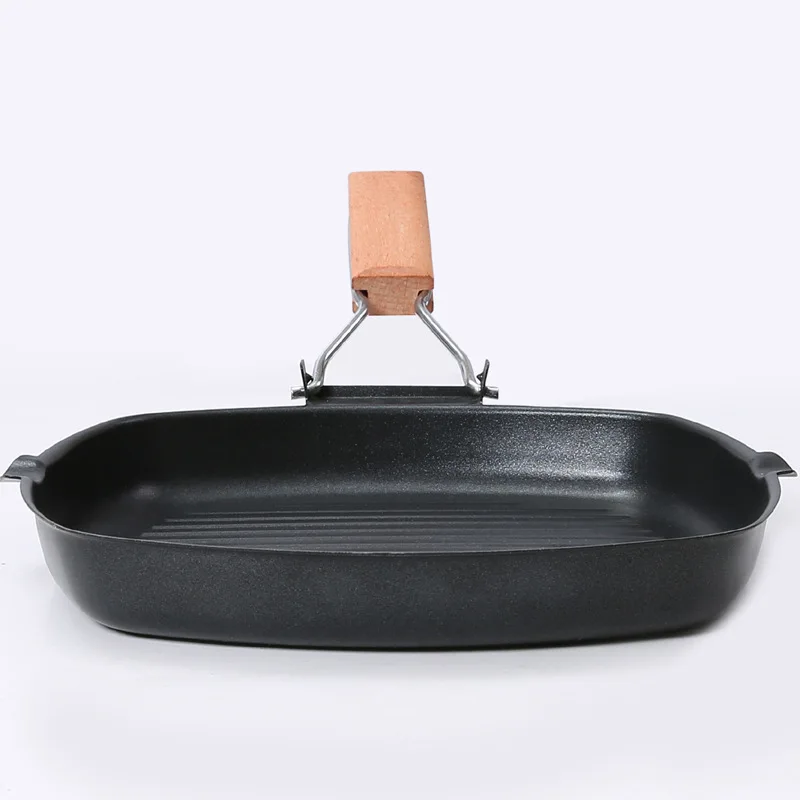 Pans Cast Iron Steak Grill Pans Non-Stick Frying Pan Wooden Handle Folding for Kitchen Fry Cooking Steak Pans Portable Square