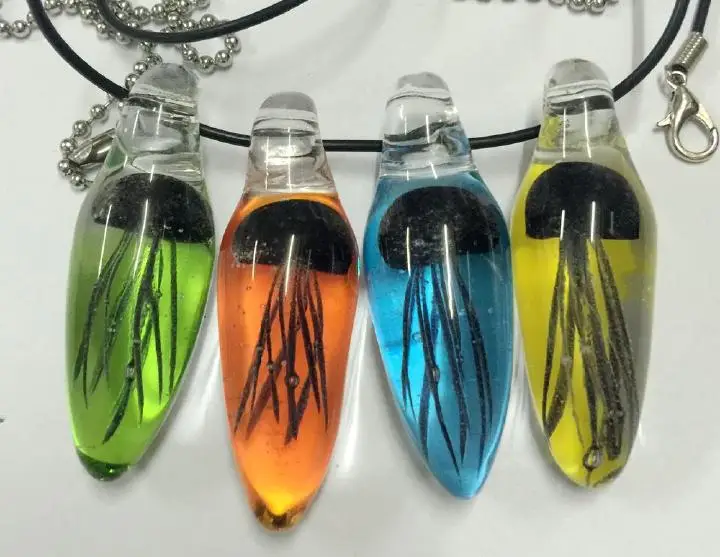 

4 PCS Black Jellyfish New Hand Blown Glass Mix Reardrop Tentacles Necklace Black Rope