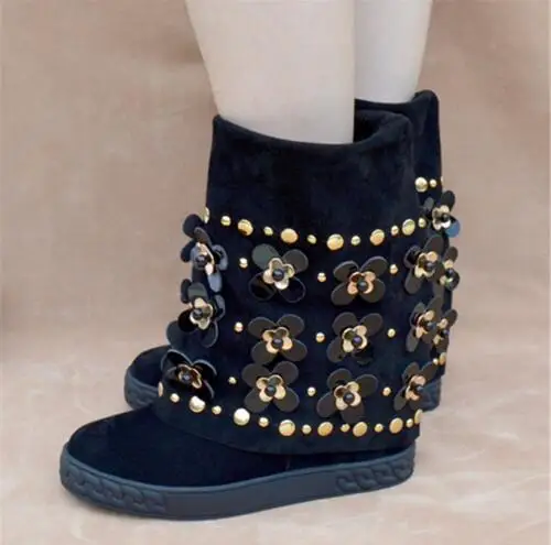 New Fashion Ankle Boots Suede Black Floral Embellished Studded Wedge Boots Height Increaing Women Winter Boots