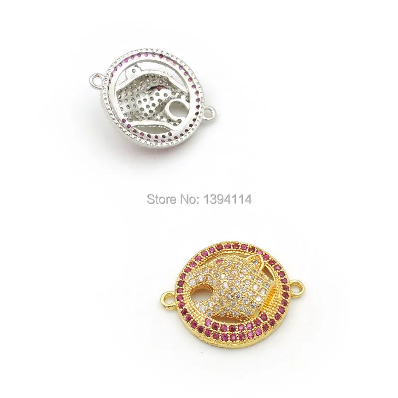 23*18*5mm Micro Pave Red Clear CZ Round Connector With Wolf Head Fit For Women As DIY Bracelets Accessory