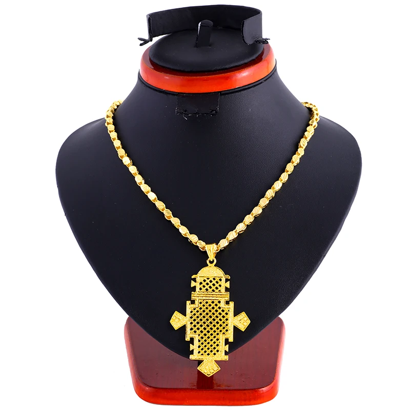 Ethlyn Unisex Ethiopian Gold Color Cross Pendant Necklace Party Wedding Traditional Jewelry P102