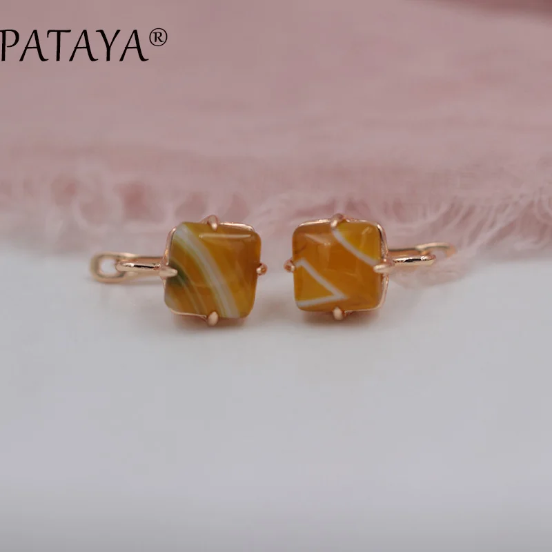 PATAYA New Arrivals Square Stripe Onyx Natural Stone Earrings 585 Rose Gold Color Dangle Earring Women India Jewelry Multicolor