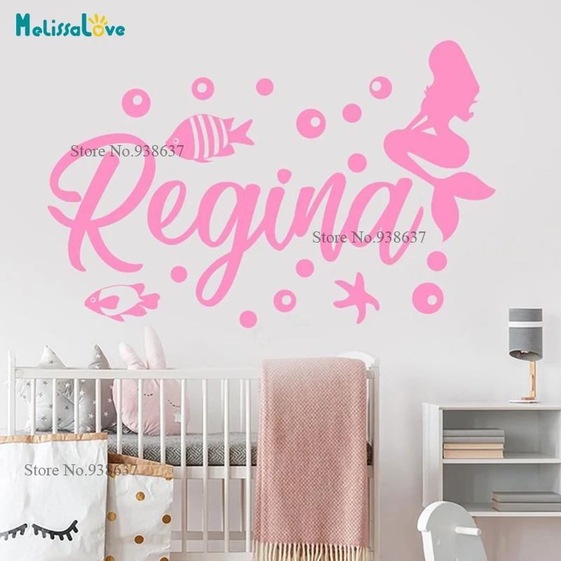 Personalized Mermaid Fish And Bubble Sea Lover Ocean Theme Starfish Wall Sticker Girl Room Decal Wallpaper Nursery Decor BA060