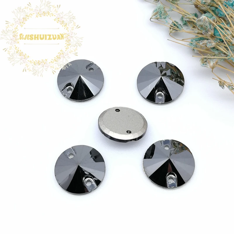 High-grade Metal silver black ROUND Glass Crystal sew on rhinestones with TWO holes Diy wedding dress accessories