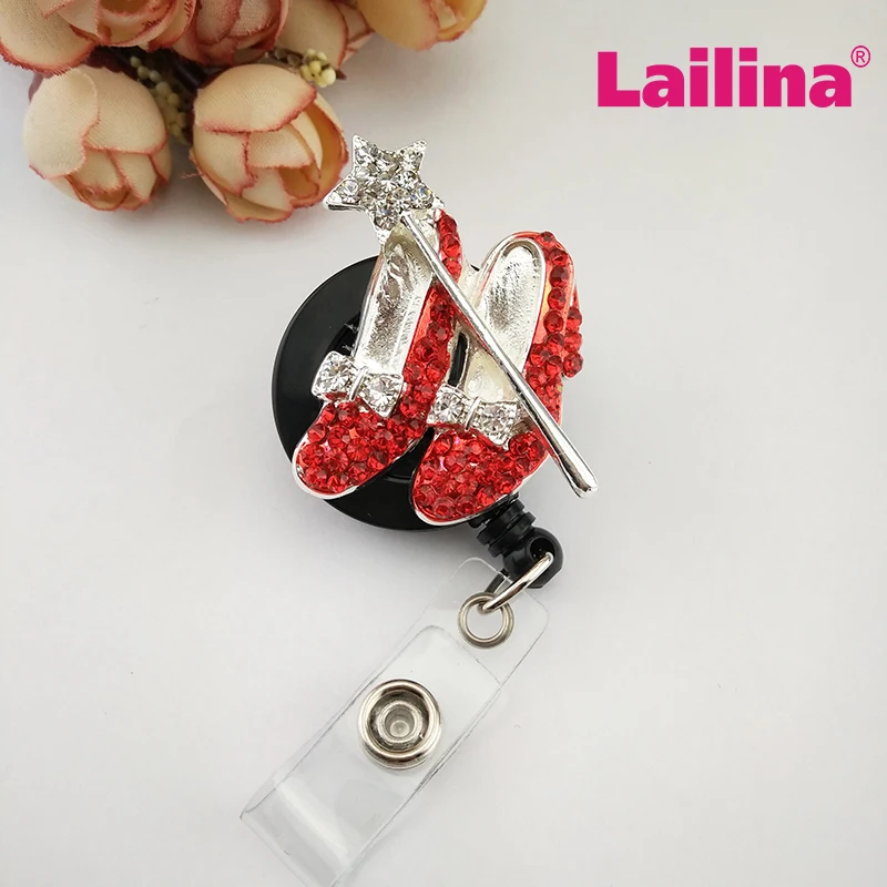 

10pcs/lot Nurse Retractable Badge Reel Silver-tone Red Crystal Heel Shoes And Star Wand And Bow ID Card Badge Holder