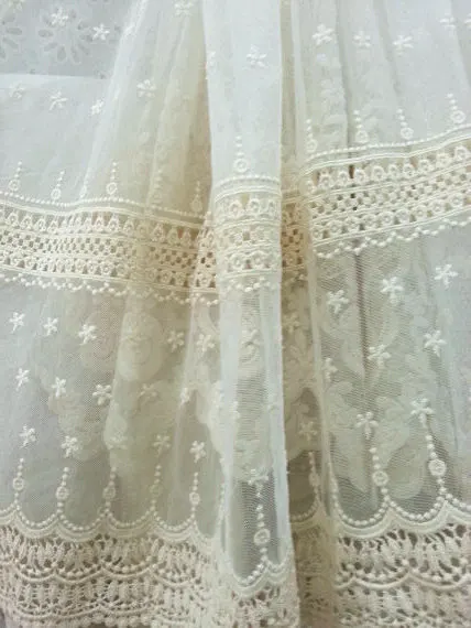 Ivory Lace Fabric, Vintage Embroidered Tulle Lace Fabric Home Decors