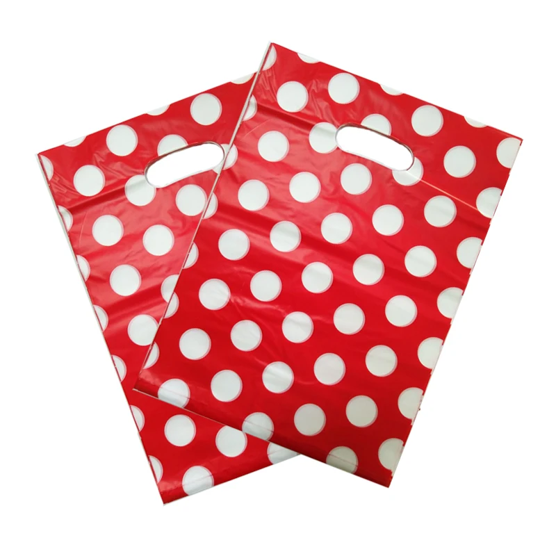 

25x35cm 50pcs/lot White Big Dots Red Plastic Gift Bag Big Clothing Boutique Packaging Plastic Shopping Bags With Handle