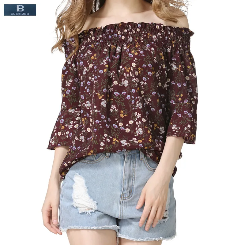 

[EL BARCO] 2017 Summer Cotton Linen Slash-Neck Women Chiffon Blouse Shirts Floral-Print Butterfly-Sleeve Lady Vintage Casual Top