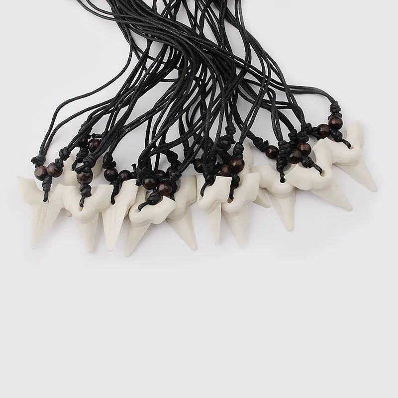 Wholesale 12pcs White Faux Shark Tooth Sharks Teeth Pendant Imitation Yak Bone Necklace Amulet Wax Cord Necklace Pendants