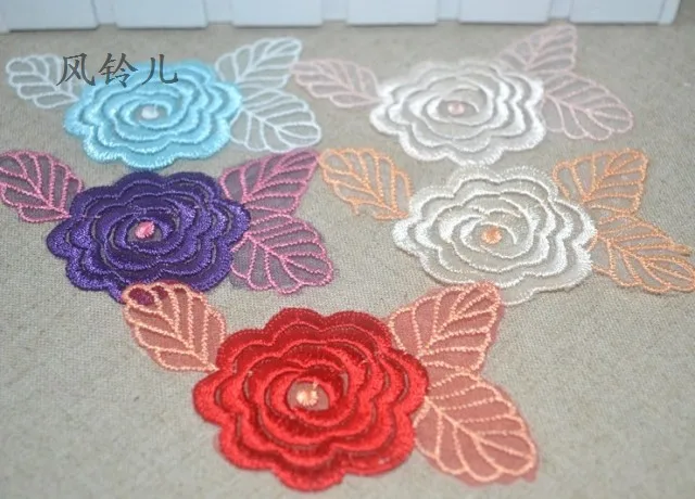 

Free shipping embroidery rose and leaf applique, laciness accessories, embroidery lace flower, embroidery rose patches