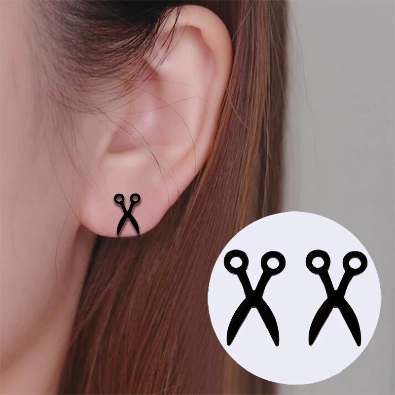 Jisensp Simple Scissor Earrings Fashion Black Color Stainless Steel Stud Earings for Women Party Fancy Jewelry boucle d'oreille