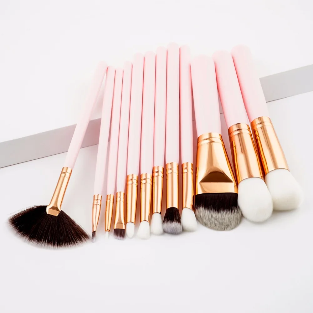 Wood Handle Pink Makeup Bruhses 12pcs Multifunction Beauty Makeup Blending Powder Foundation Eyebrow Eye Contour Brush Kit