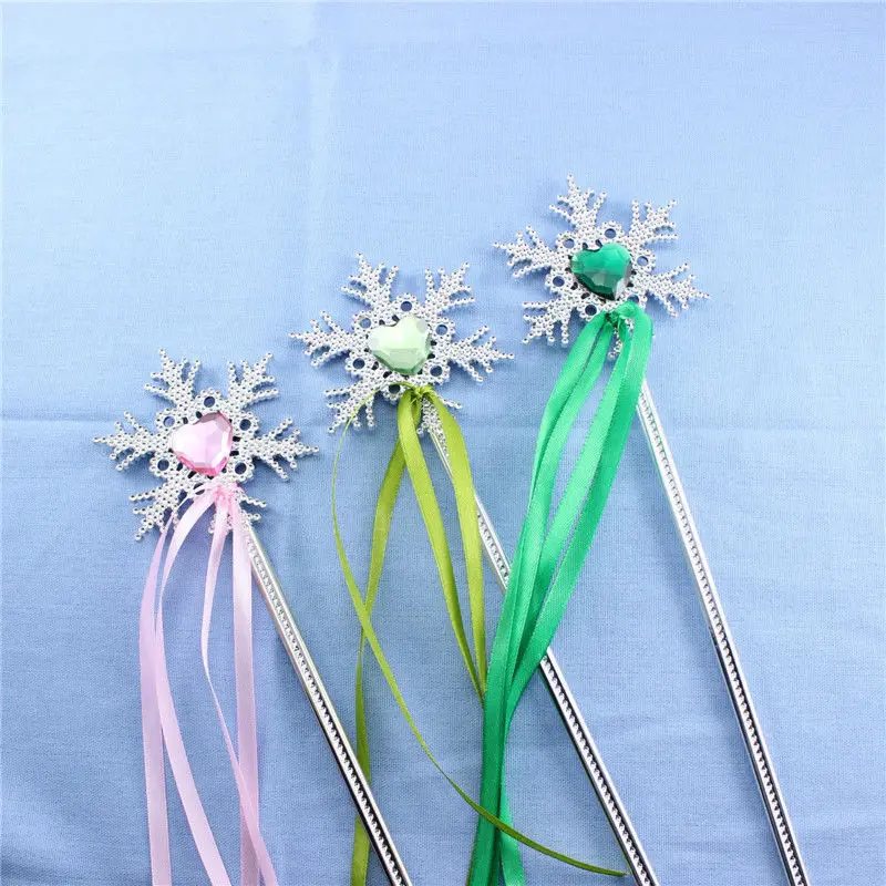 20pcs/lot Princess Snowfake+Heart Color Gem+Ribbon Silver Coating Party Costume Magic Fairy Sticks Wand Toys Party Favor