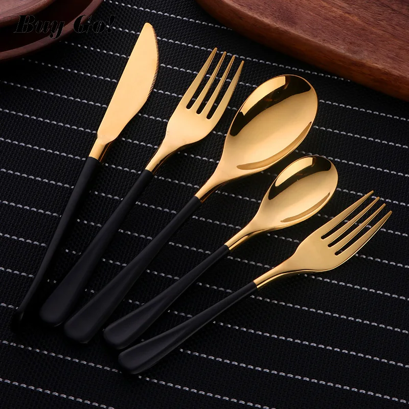 20Pcs Black Gold Flatware Set Forged Luxury Cutlery Set Stainless Steel Utensils Kitchen Dinnerware Knife Fork Spoon Set C283