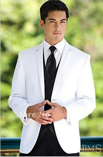 

Custom Made Best Selling White Groom Mens Suits With Black Vest,Bespoke White Tuxedo,Tailored 2 Button Peak Lapel Mens Suits