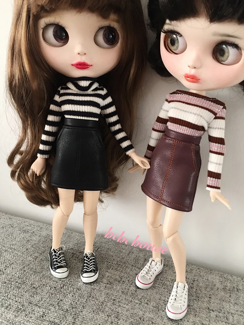 New Elegant  Leather Skirt Stripe High Collar Shirt for Blyth Azone s Ob24 Dolls Accessories