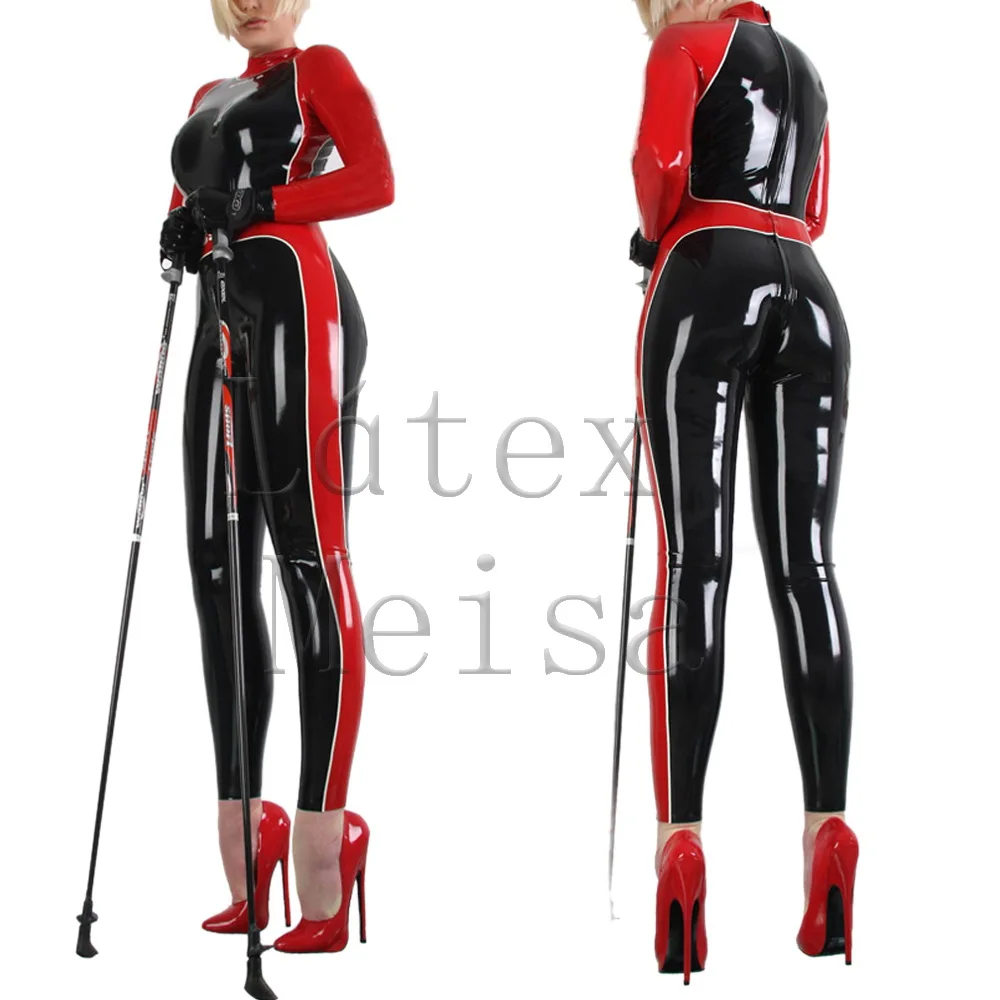 

Black with red trim color latex catsuit female tight jumpsuit teddies with handmade crafts