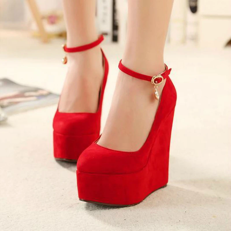 Flock wedges pumps large size female super high heels bride wedding shoes woman platform ankle strap party pumps women WSH2594