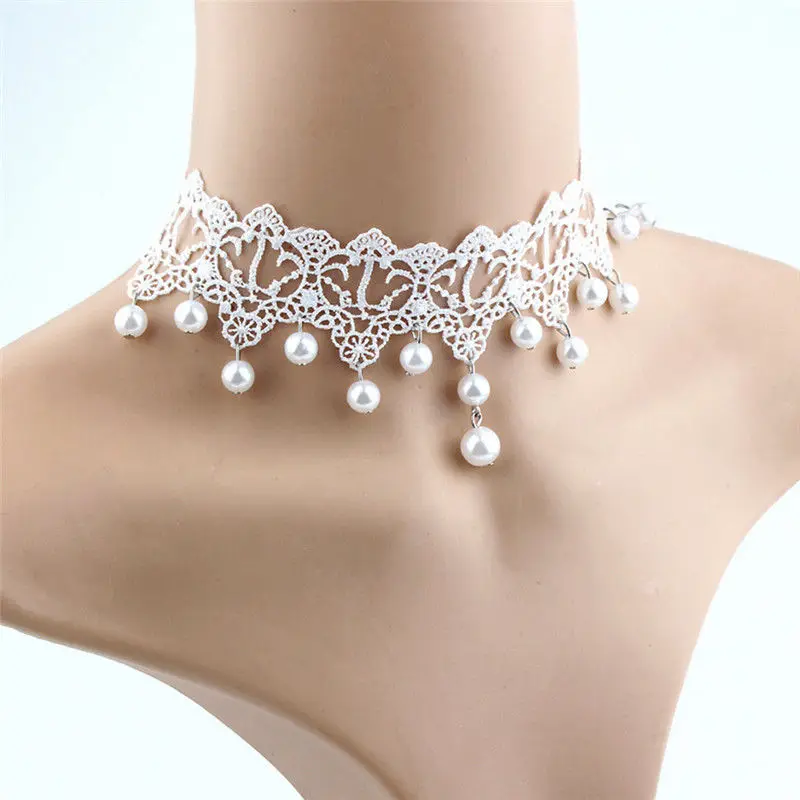 Bridal Jewelry New Fashion Elegant Vintage Imitation Pearl White Lace Statement Choker Necklaces For Women Wedding