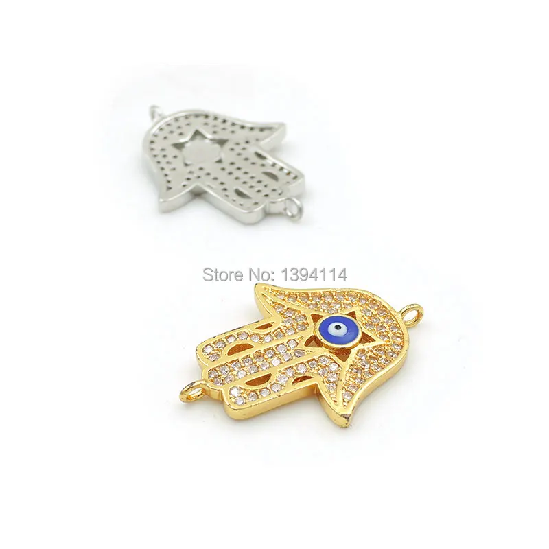 27*21*3mm Micro Pave Clear CZ Palm Connector With Piercing Star And Enamelling Blue Eye Fit For Women As DIY Bracelets Accessory