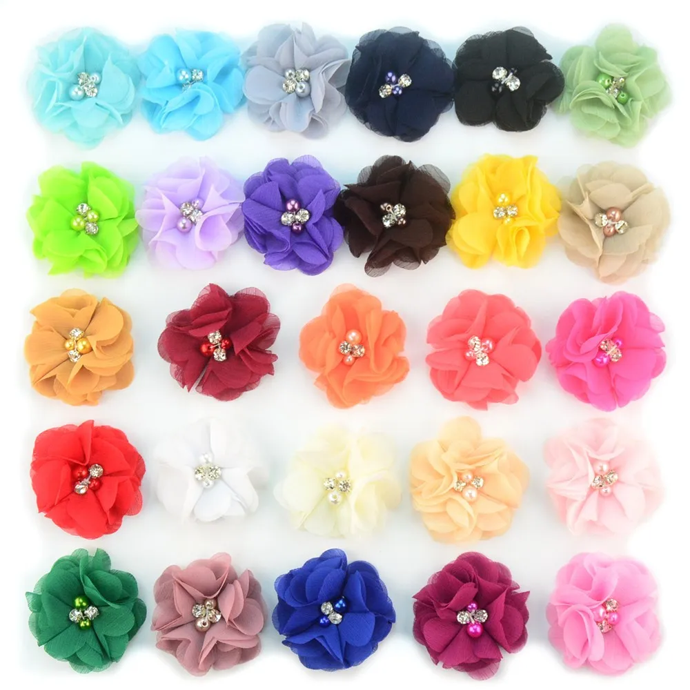 60 PCS/LOT Chiffon Scalloped Flowers 2 inch with Diamonds and Pearls