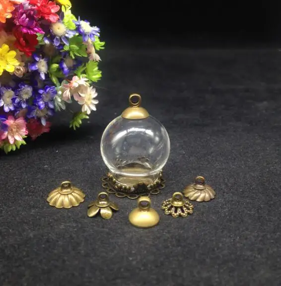 10pcs 20*15mm clear glass vial pendant with flower lace tray 8mm cap glass globe bubble cover dome necklace diy glass bottle jar