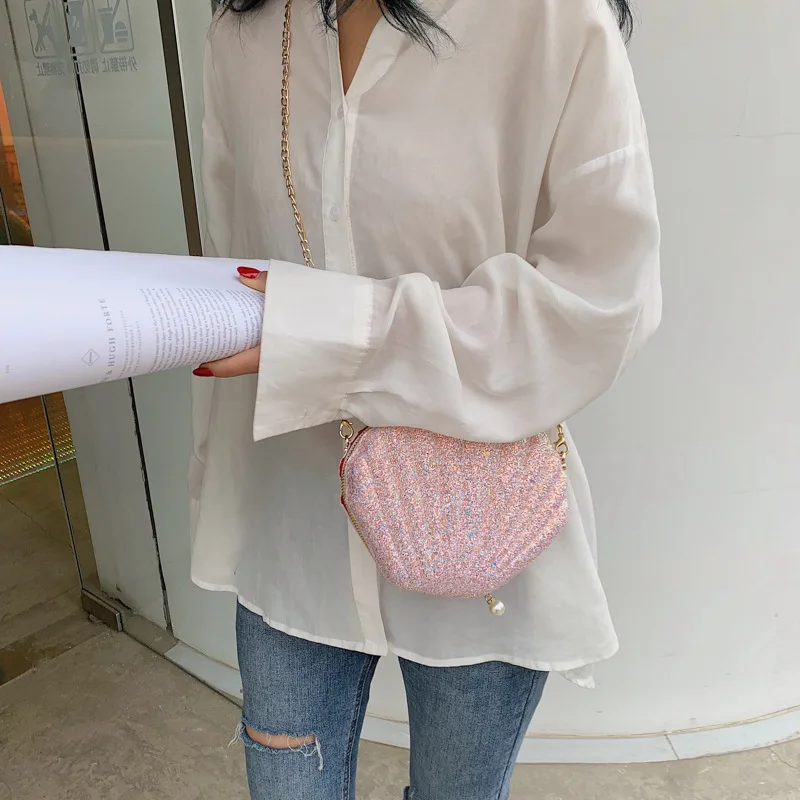 Women Summer Bag Small Sequins Shell Shape Chain Bag Ladies Fashion Sequine Samll Shoulder Bag Girls\' Cute Crossbody Bag