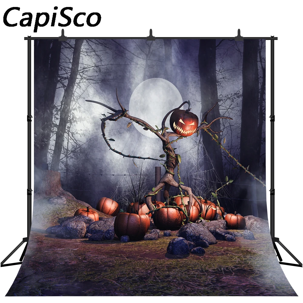 Capisco Halloween Photography Backdrops Full Moon Pumpkin Lantern on Tree Trunk Spider Web Kids Children Party Photo Backgrounds