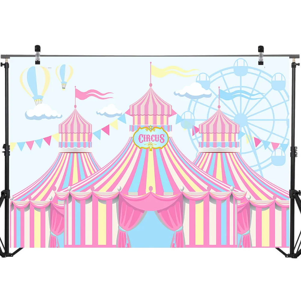 Circus Theme Birthday Backdrop Ferris Wheel Hot Air Balloon Pink Tent Photography Background Dessert Table Decorations Props