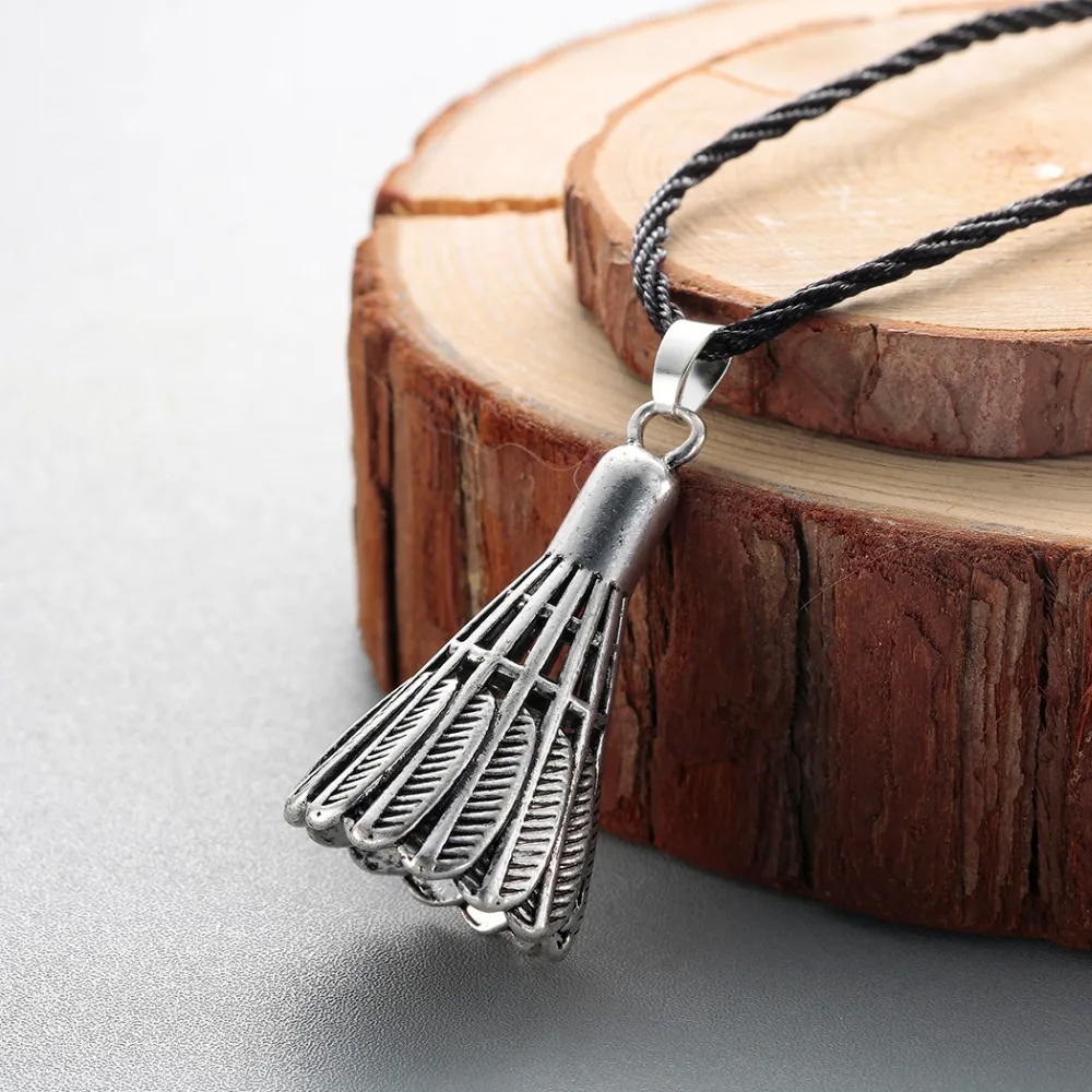 Kinitial Vintage Badminton Shape Pendant Necklace Rope Band Necklaces Feather Necklace Men Women Sports Fitness Lover Jewelry