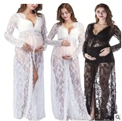 Lace Maternity Photography Props Pregnant Women Photo Shoot Off Shoulders Dress black long Sleeve Women Lace Dress Clothes