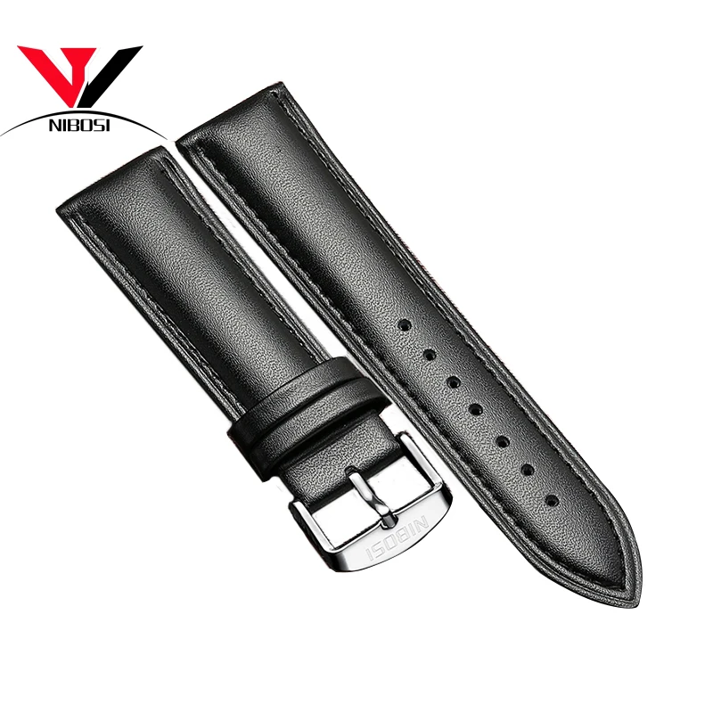 High Quality 20mm 22mm Genuine Leather Strap Watch band NIBOSI Leather Watchband With Black Blue and Brown Colors