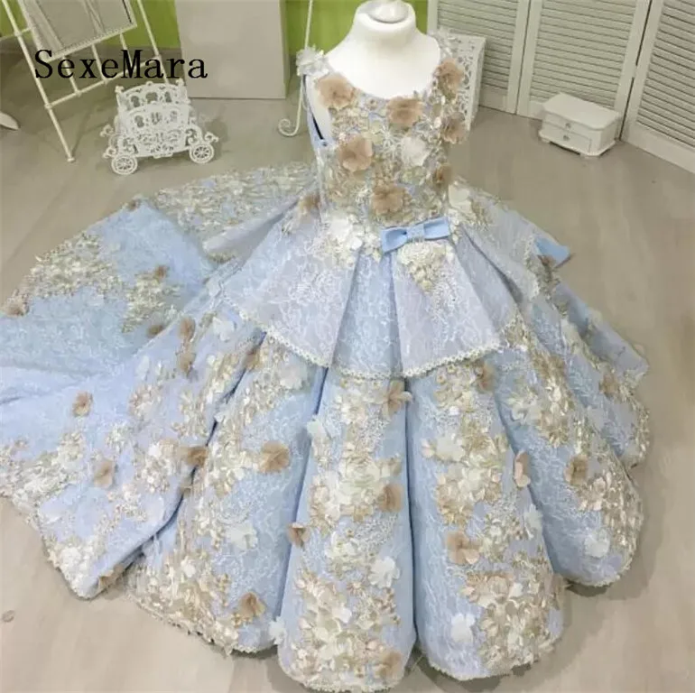 Sky Blue Flower Girl Dress for Wedding Girls Birthday Dresswith Sweep Train Pageant Party Gowns Kids First Communion Gown