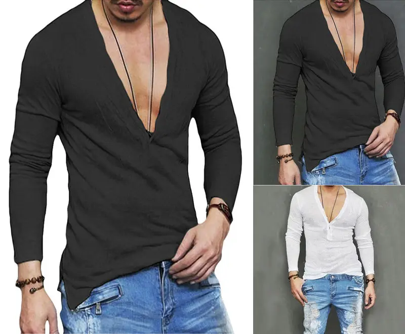 US Stock Fashion Men Casual Slim Fit Long Sleeve Deep V-neck Sexy Shirt T-shirts