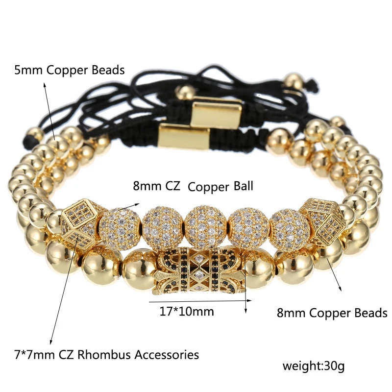 Copper Beads Couple Bracelet Sets Men Jewelry Braiding Macrame 2Pcs/Sets Pave CZ Tube Ball Charms Bracelets For Women Pulseira