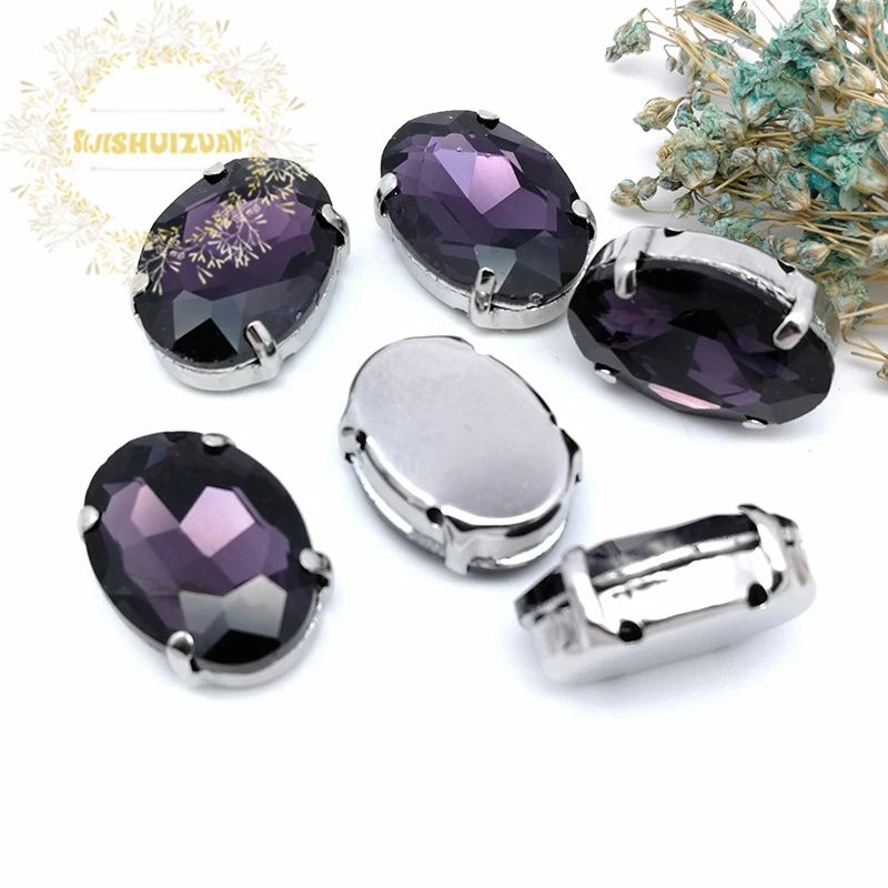Silver Claw Setting 30pcs/Bag  Deep Purple Oval Shapes Mix Clear Gass Crystal Sew On Rhinestone Wedding Dress Shoes Bag Diy Trim