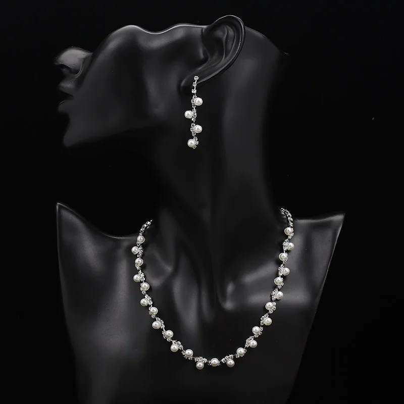 TREAZY Simulated Pearl Bridal Jewelry Sets Fashion Rhinestone Choker Necklace Earrings African Wedding Jewelry Sets for Women