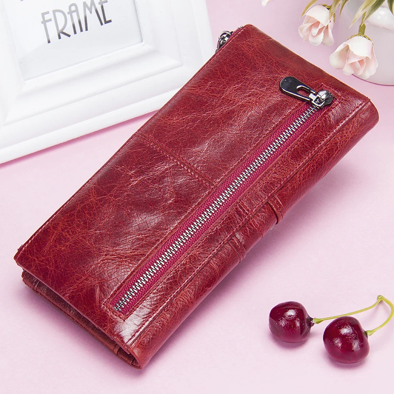 CONTACT'S Genuine Leather Long Wallets for Women Card Holder Money Clip Coin Purse Phone Pocket Female Bags Handbag Women Wallet