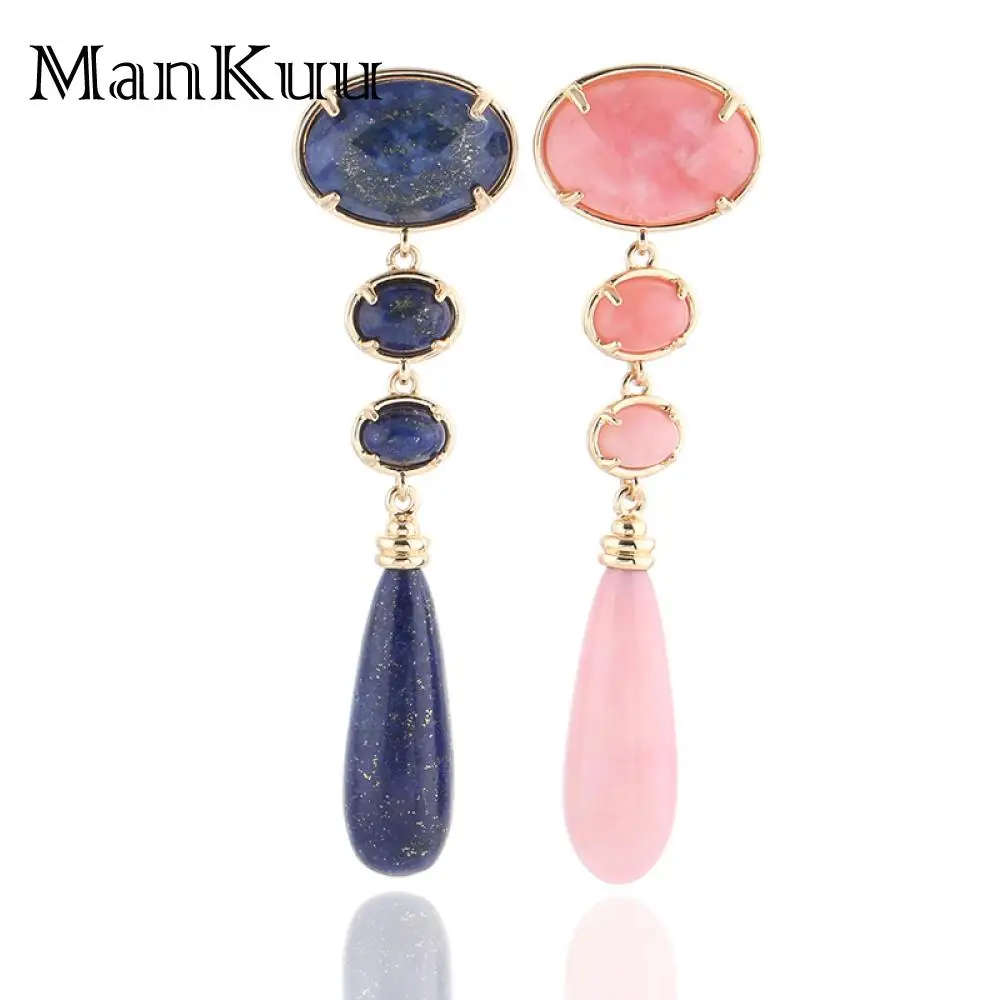 

mankuu gold silver plated natural stone long bohemian style elegant rhodochrosite lapis lazuli drop earrings for women